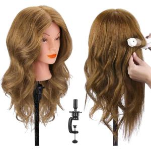 18&Prime; Tête à coiffer 100% Cheveux Naturel Vrai Cheveux Humains Mannequin Tête Formation Coiffure avec Support + Ensemble de Tresse 45cm par TopDirect(Brun Clair)