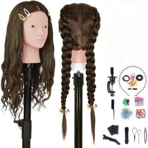 18&Prime; Tête à coiffer 100% Cheveux Naturel Vrai Cheveux Humains Mannequin Tête Formation Coiffure avec Support + Ensemble de Tresse 45cm par TopDirect(Brun)