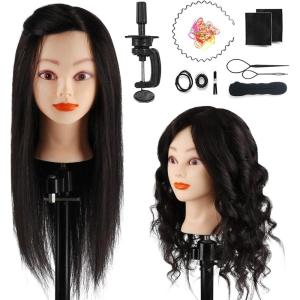 18&Prime; Tête à coiffer 100% Cheveux Naturel Vrai Cheveux Humains Mannequin Tête Formation Coiffure avec Support + Ensemble de Tresse 45cm par TopDirect(Noir)