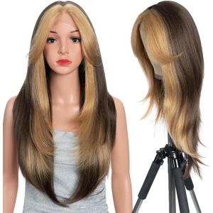 Style Icon Perruque frontale en dentelle 66 cm avec franges de porte style rideau super longue perruque synthétique 12,7 cm (66 cm, NTSA4/10/23B/613C)(HL10A/26F)