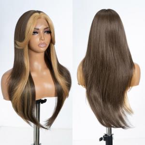 Style Icon Perruque frontale en dentelle 66 cm avec franges de porte style rideau super longue perruque synthétique 12,7 cm (66 cm, NTSA4/10/23B/613C)(Marron avec blond)