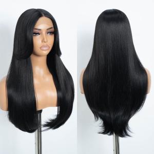 Style Icon Perruque frontale en dentelle 66 cm avec franges de porte style rideau super longue perruque synthétique 12,7 cm (66 cm, NTSA4/10/23B/613C)(Noir)