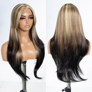 Style Icon Perruque frontale en dentelle 66 cm avec franges de porte style rideau super longue perruque synthétique 12,7 cm (66 cm, NTSA4/10/23B/613C)(TT4/18/24D)