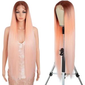 Style Icon Perruque super longue et raide avec dentelle frontale de 91,4 cm – Cheveux raides Yaki clair – Brun ombré – Pré-épilé avec des cheveux de bébé – Fibre synthétique résistante à la chaleur(Dégradé rose.)