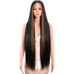 Style Icon Perruque super longue et raide avec dentelle frontale de 91,4 cm – Cheveux raides Yaki clair – Brun ombré – Pré-épilé avec des cheveux de bébé – Fibre synthétique résistante à la chaleur(Noir avec blond)