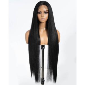 Style Icon Perruque super longue et raide avec dentelle frontale de 91,4 cm – Cheveux raides Yaki clair – Brun ombré – Pré-épilé avec des cheveux de bébé – Fibre synthétique résistante à la chaleur(Noir)