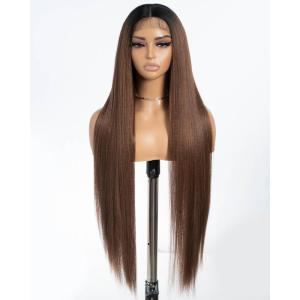 Style Icon Perruque super longue et raide avec dentelle frontale de 91,4 cm – Cheveux raides Yaki clair – Brun ombré – Pré-épilé avec des cheveux de bébé – Fibre synthétique résistante à la chaleur(Brun ombré)
