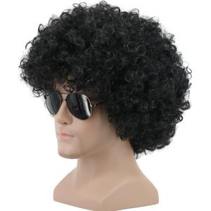 Yuehong Perruque Afro Courte Bouclée Noire Années 70 80 Style Rocker Disco Costume Cheveux Perruque avec Fibres Synthétiques Résistantes à la Haute Température Douce Respirante pour Unisexe (Noire)(Noir)