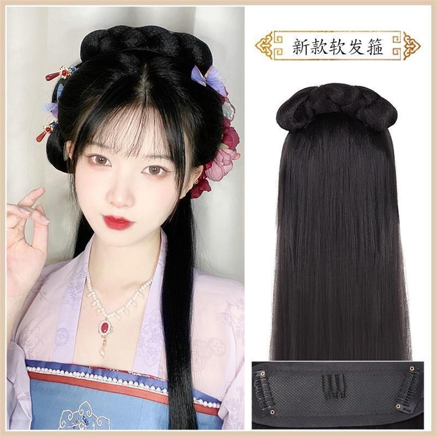 imageHanfu Cosplay Noir Perruque Femmes Ancien Chinois CouvreChef Longue Droite avec Bandeau Color NAuspicious Lion Presents Rui