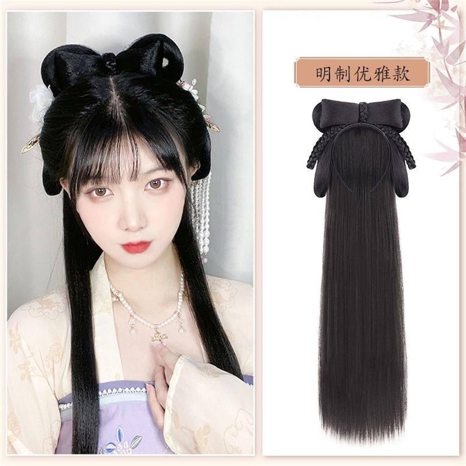 imageHanfu Cosplay Noir Perruque Femmes Ancien Chinois CouvreChef Longue Droite avec Bandeau Color NLittle Golden Cicada King