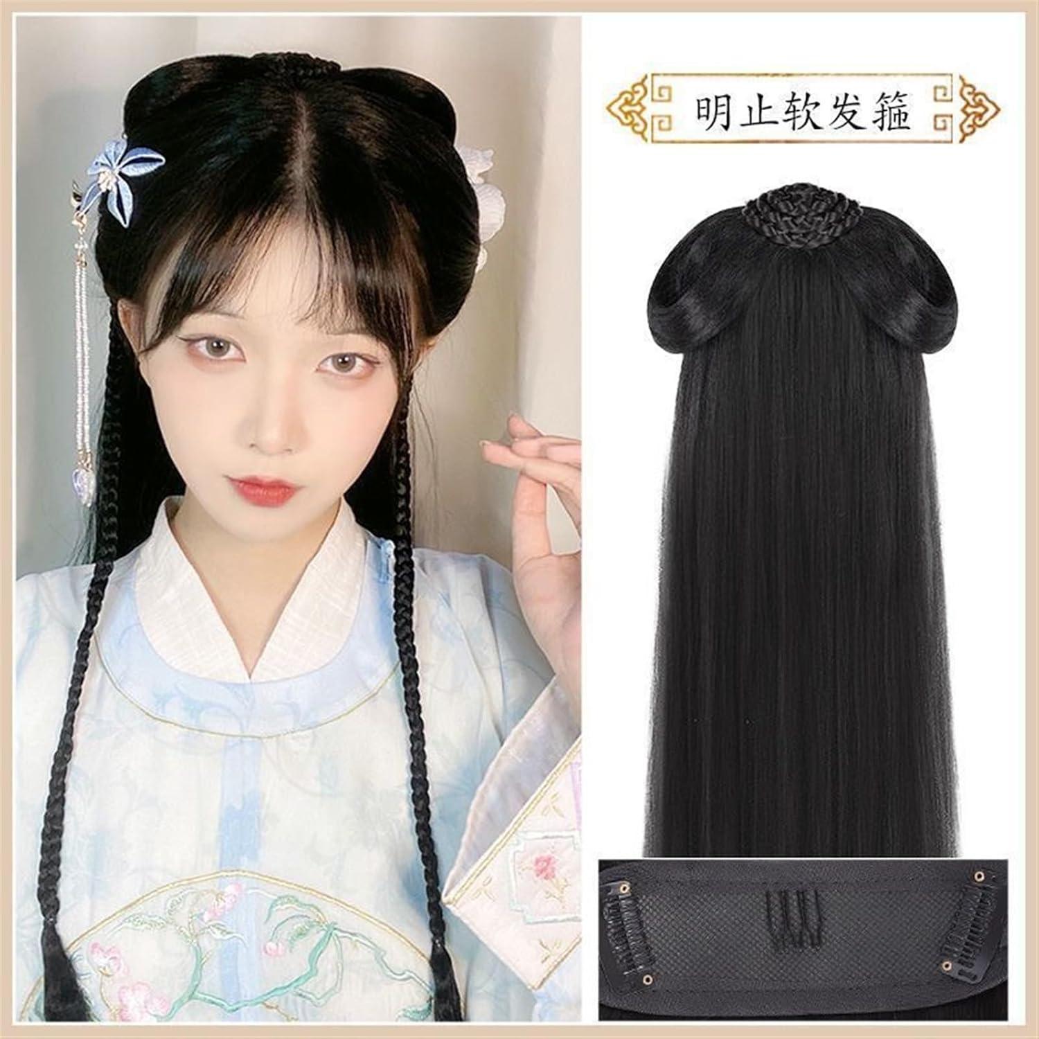 imageHanfu Cosplay Noir Perruque Femmes Ancien Chinois CouvreChef Longue Droite avec Bandeau Color NLittle Golden Cicada King