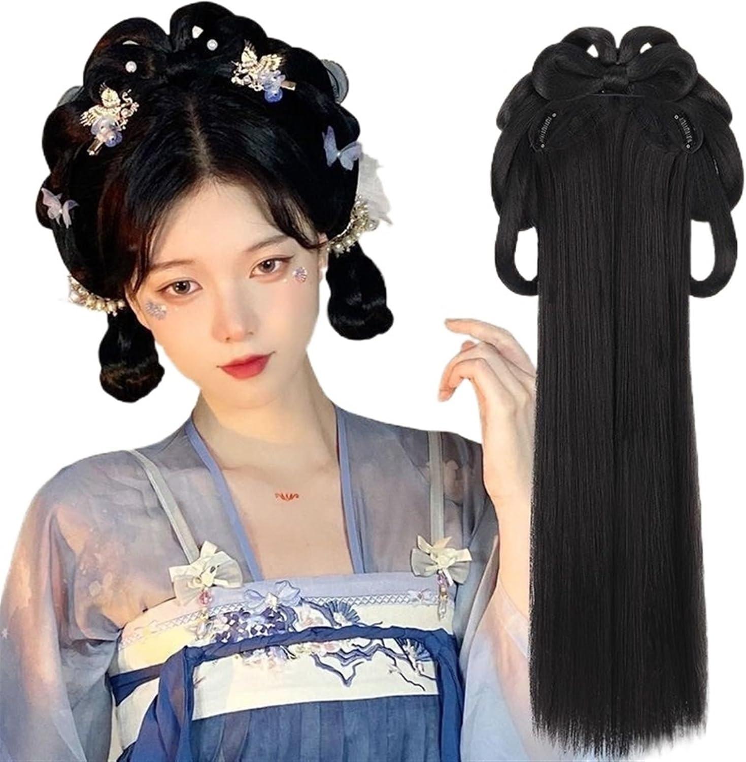 imageHanfu Cosplay Noir Perruque Femmes Ancien Chinois CouvreChef Longue Droite avec Bandeau Color NLittle Golden Cicada King