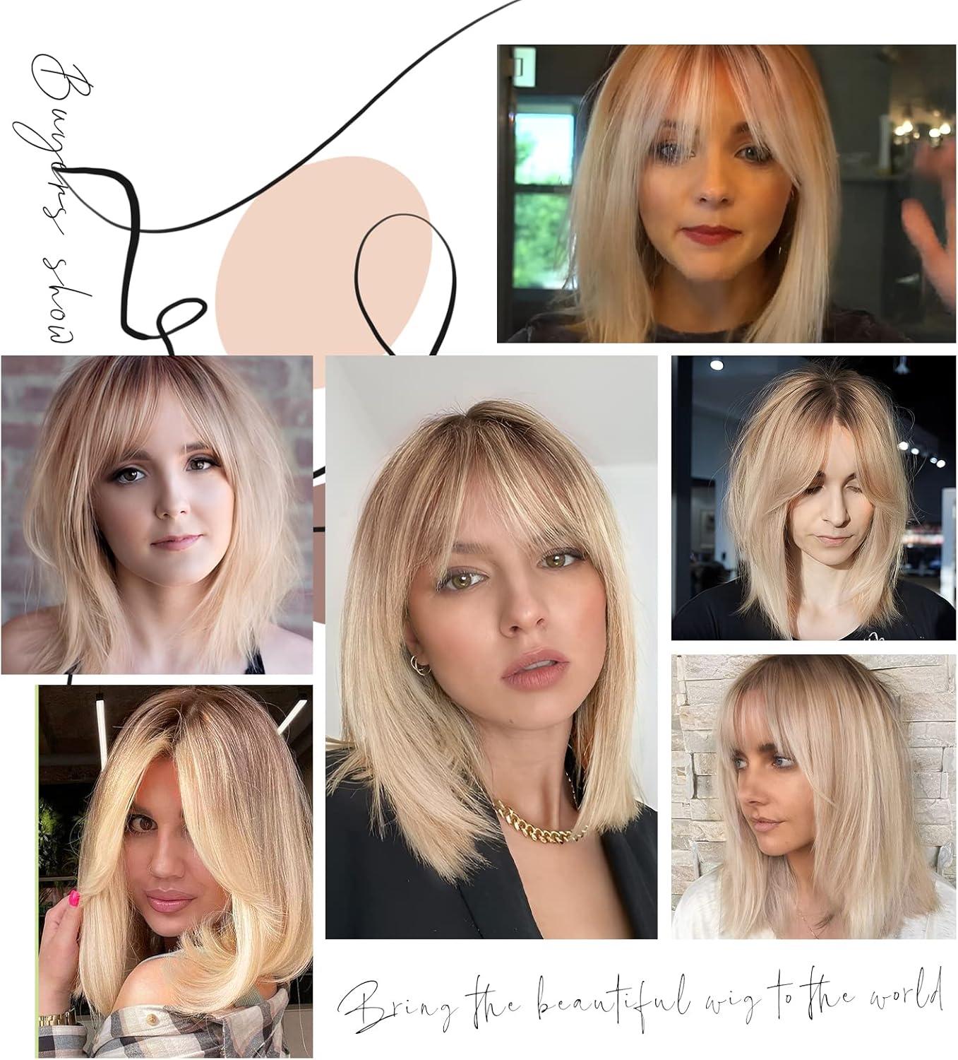 imageWOKESTAR Perruque Bob avec Frange Courte Couleur Blonde pour Femmes Style Synthtique Rsistant La ChaleurBlond avec racines fonces