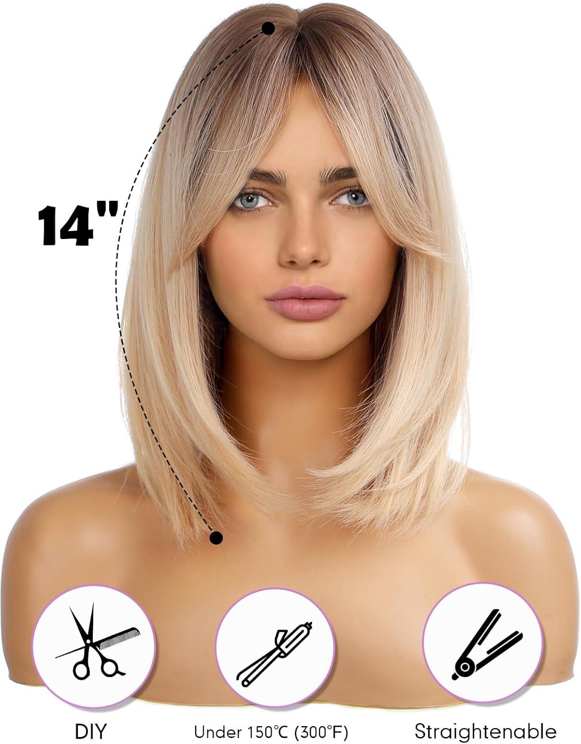 imageWOKESTAR Perruque Bob avec Frange Courte Couleur Blonde pour Femmes Style Synthtique Rsistant La ChaleurBlond avec racines fonces