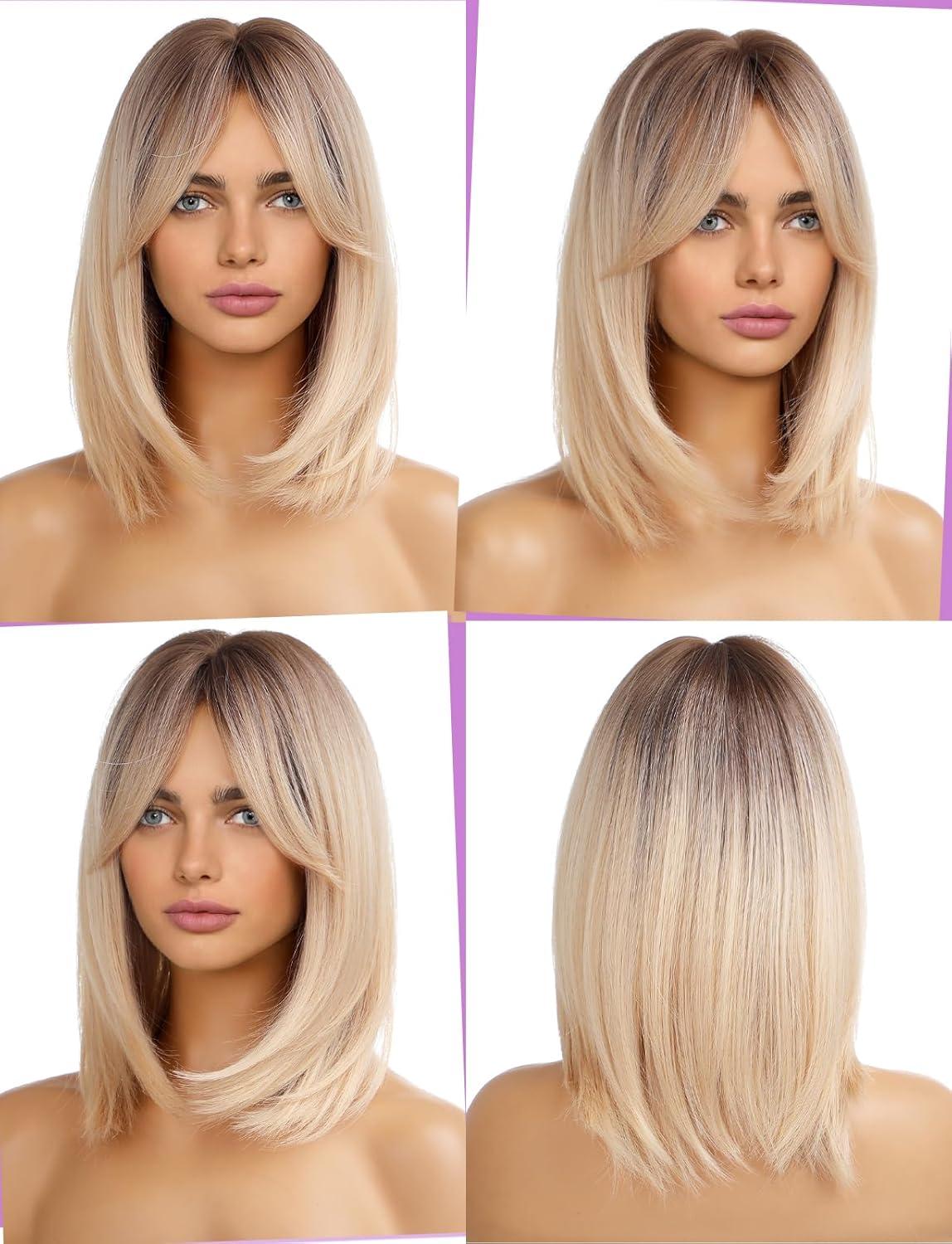 imageWOKESTAR Perruque Bob avec Frange Courte Couleur Blonde pour Femmes Style Synthtique Rsistant La ChaleurBlond avec racines fonces