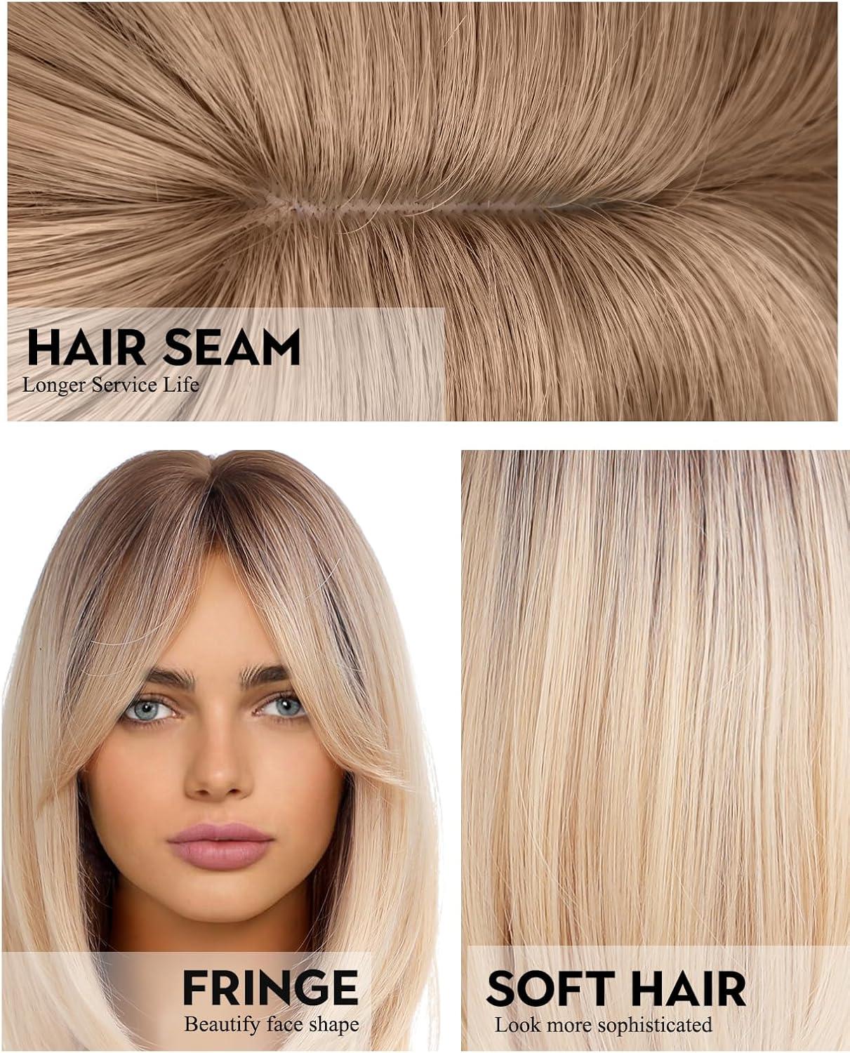 imageWOKESTAR Perruque Bob avec Frange Courte Couleur Blonde pour Femmes Style Synthtique Rsistant La ChaleurBlond avec racines fonces