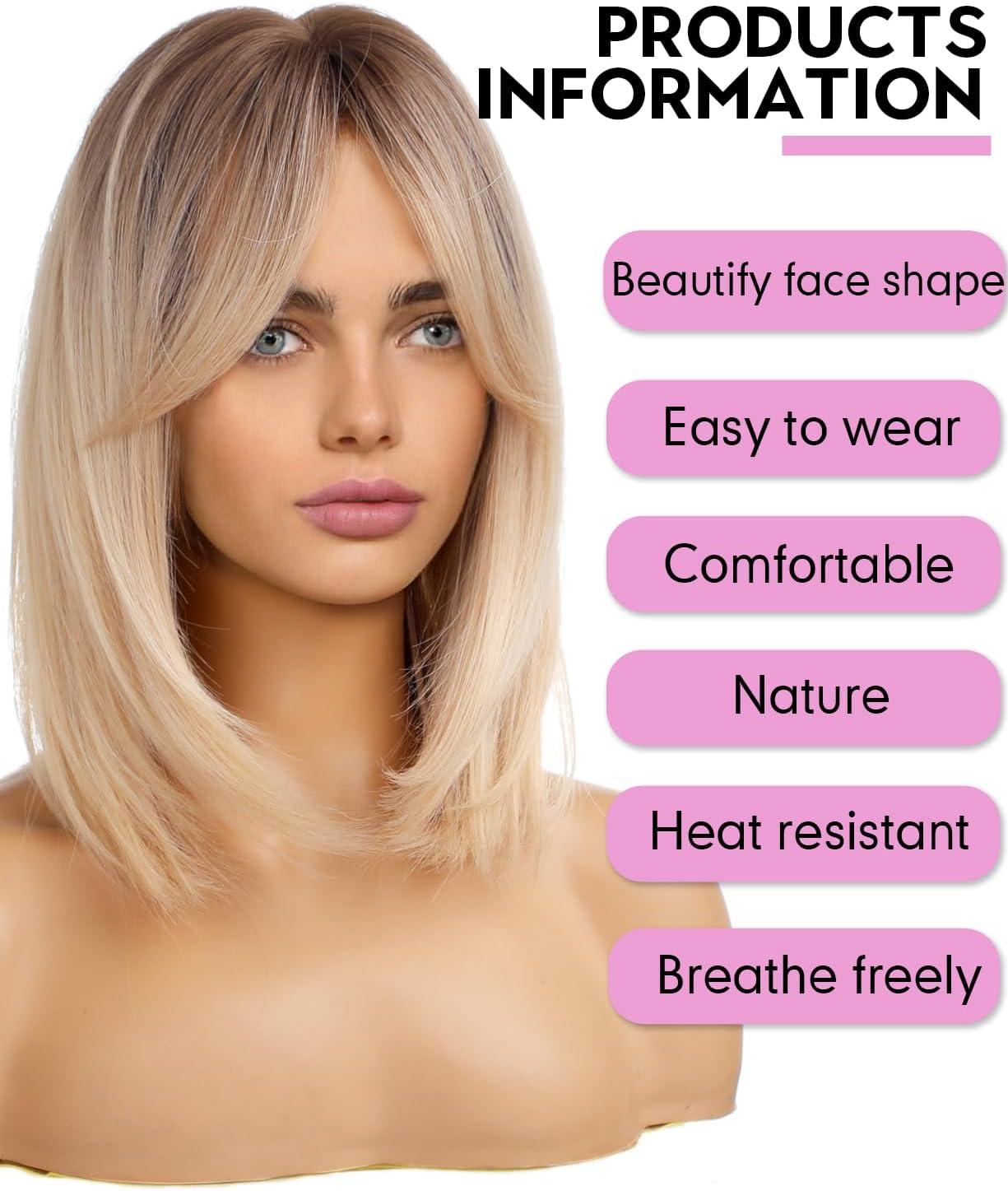 imageWOKESTAR Perruque Bob avec Frange Courte Couleur Blonde pour Femmes Style Synthtique Rsistant La ChaleurBlond avec racines fonces