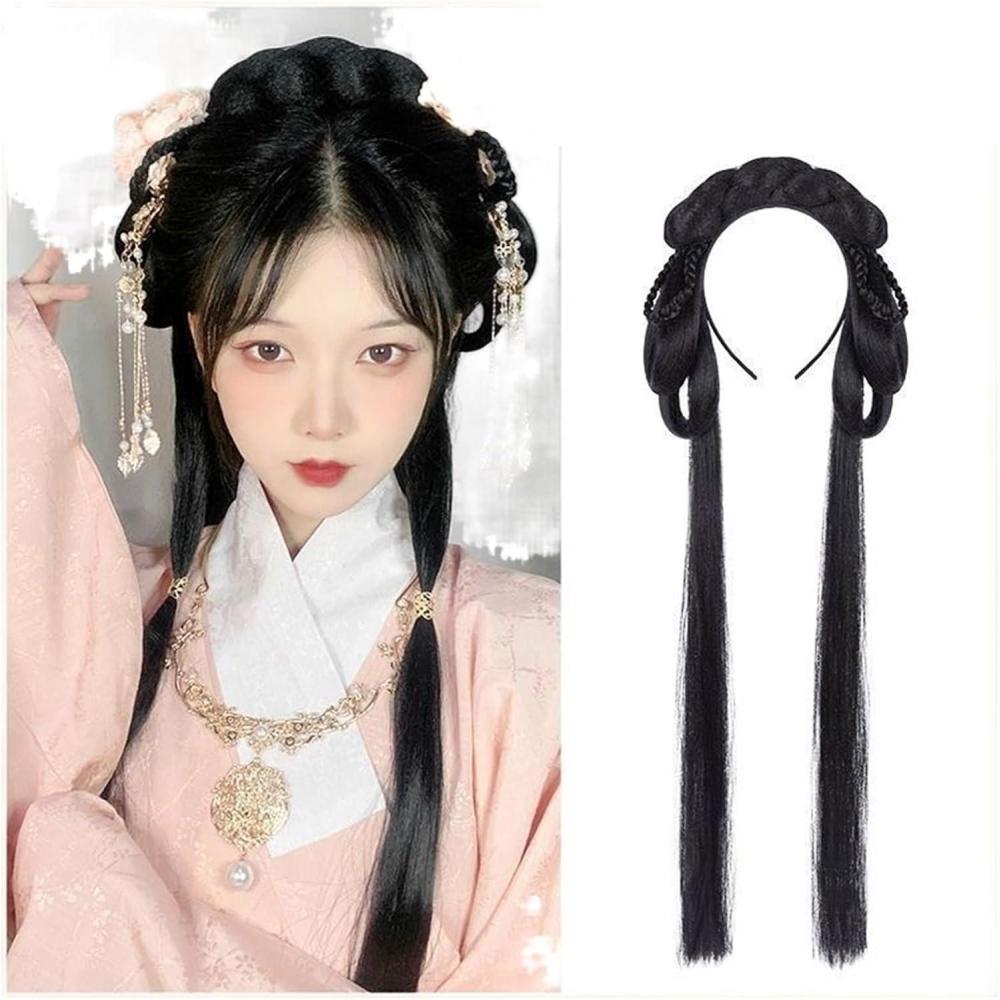 imageHanfu Cosplay Noir Perruque Femmes Ancien Chinois CouvreChef Longue Droite avec Bandeau Color NAuspicious Lion Presents Rui