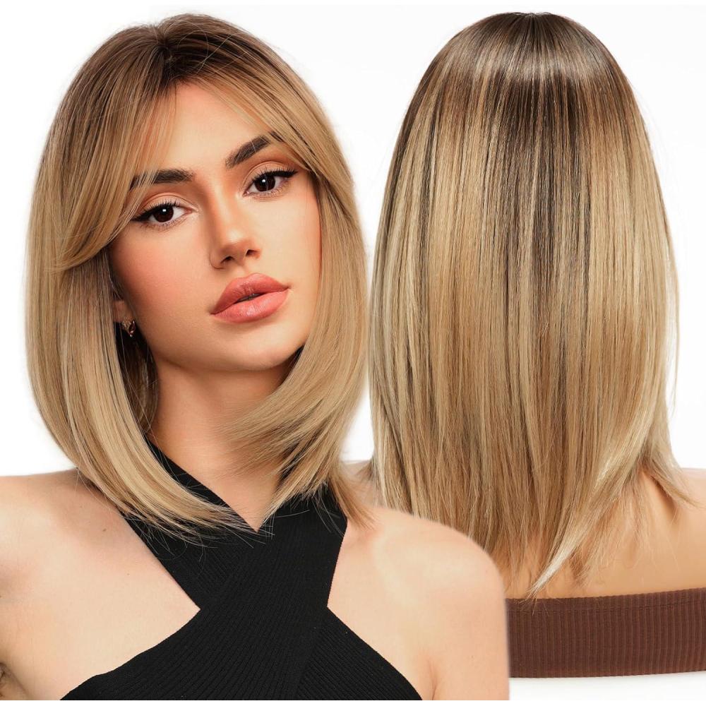 imageWOKESTAR Perruque Bob avec Frange Courte Couleur Blonde pour Femmes Style Synthtique Rsistant La ChaleurBlond