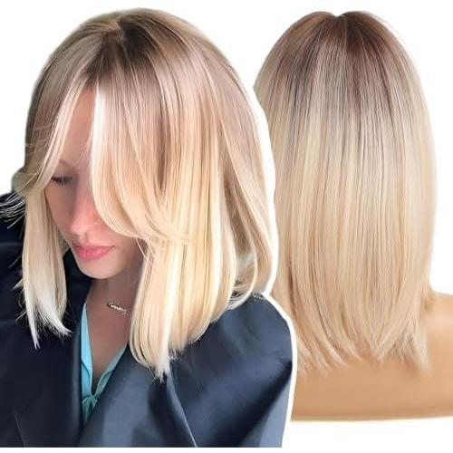 imageWOKESTAR Perruque Bob avec Frange Courte Couleur Blonde pour Femmes Style Synthtique Rsistant La ChaleurBlond avec racines fonces