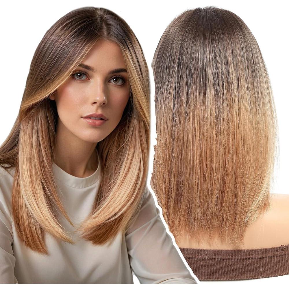 imageWOKESTAR Perruque Bob avec Frange Courte Couleur Blonde pour Femmes Style Synthtique Rsistant La ChaleurBlond champagne ombr