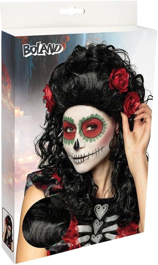 imageBoland 85606 Perruque Catrina cheveux longs synthtiques avec fleurs coiffure longue Dia de los Muertos coiffure costume carnaval fte thme HalloweenNoir