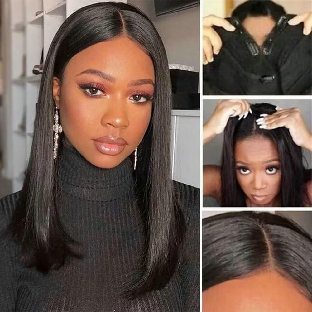 imagePerruque humaine sans colle Bob Style V et U Noire naturelle 254 cm10Pouces