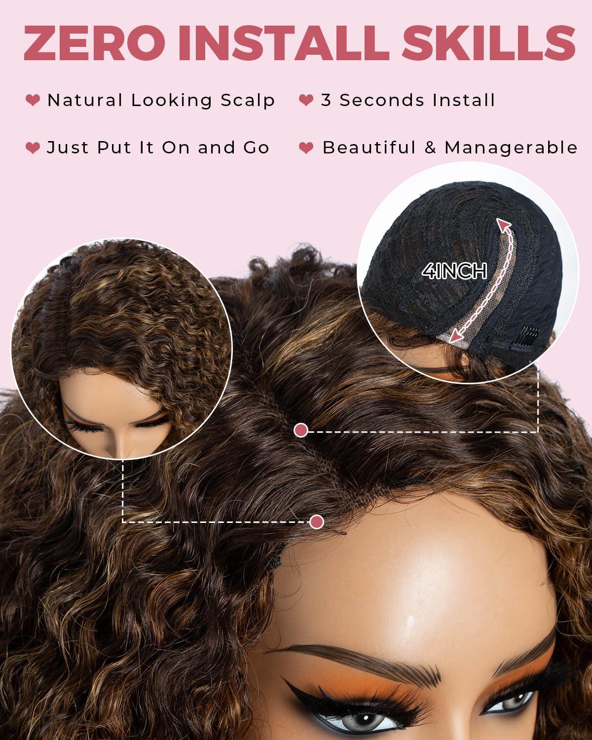 imageStyle Icon Perruque en cheveux humains courts et boucls porter sans colle Pour femme 254 cm Perruque bob boucle Sans dentelle TT227 partie moyenneMarron mlang partie latrale