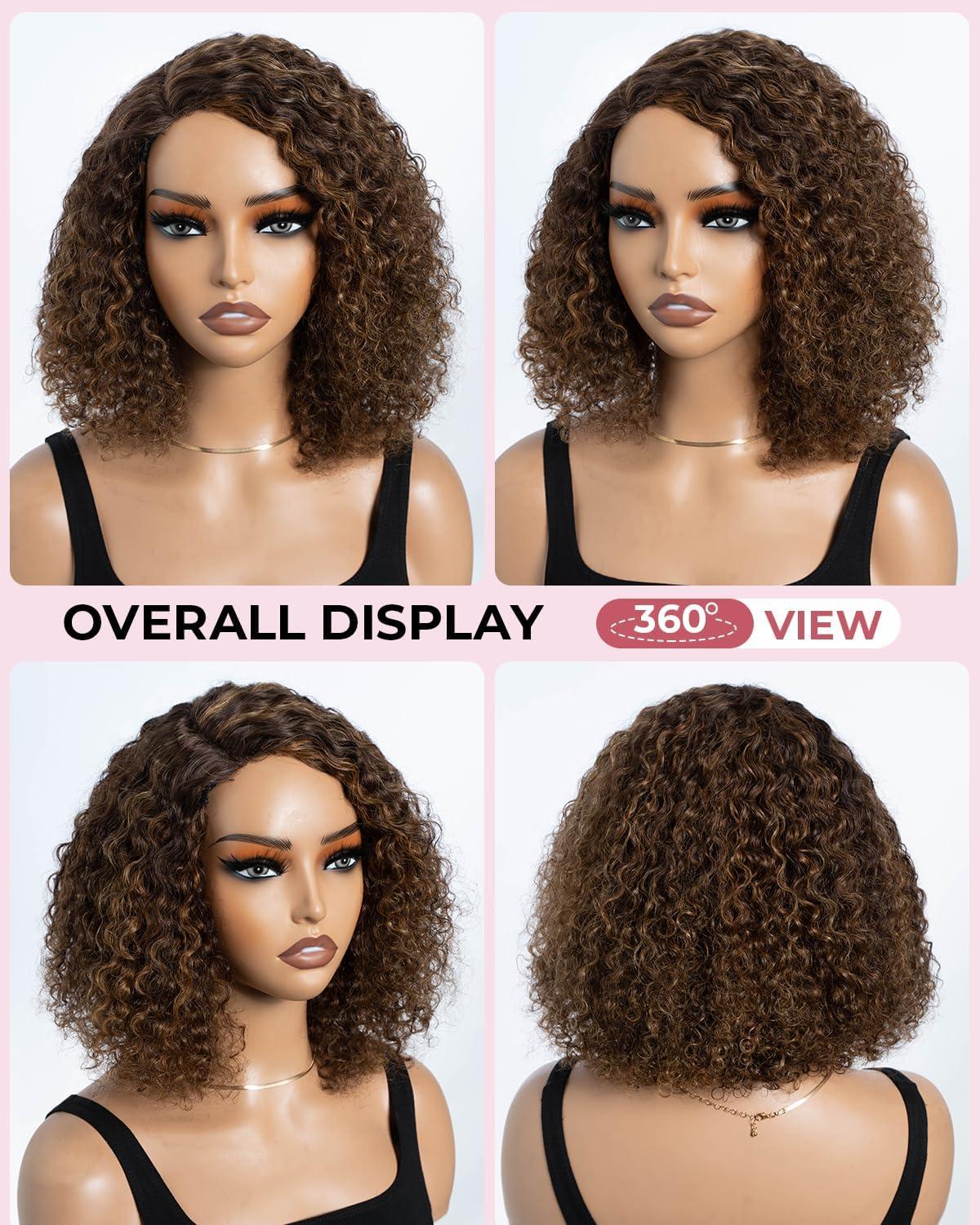 imageStyle Icon Perruque en cheveux humains courts et boucls porter sans colle Pour femme 254 cm Perruque bob boucle Sans dentelle TT227 partie moyenneMarron mlang partie latrale