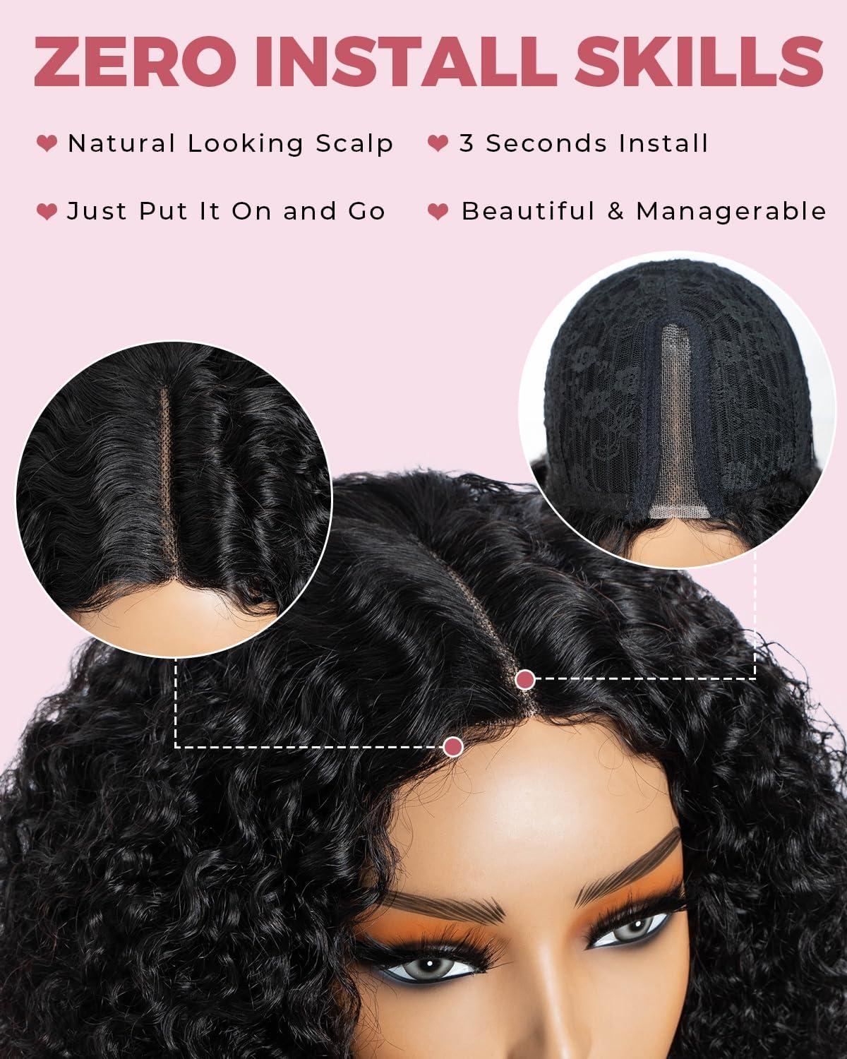 imageStyle Icon Perruque en cheveux humains courts et boucls porter sans colle Pour femme 254 cm Perruque bob boucle Sans dentelle TT227 partie moyenneNoir partie centrale