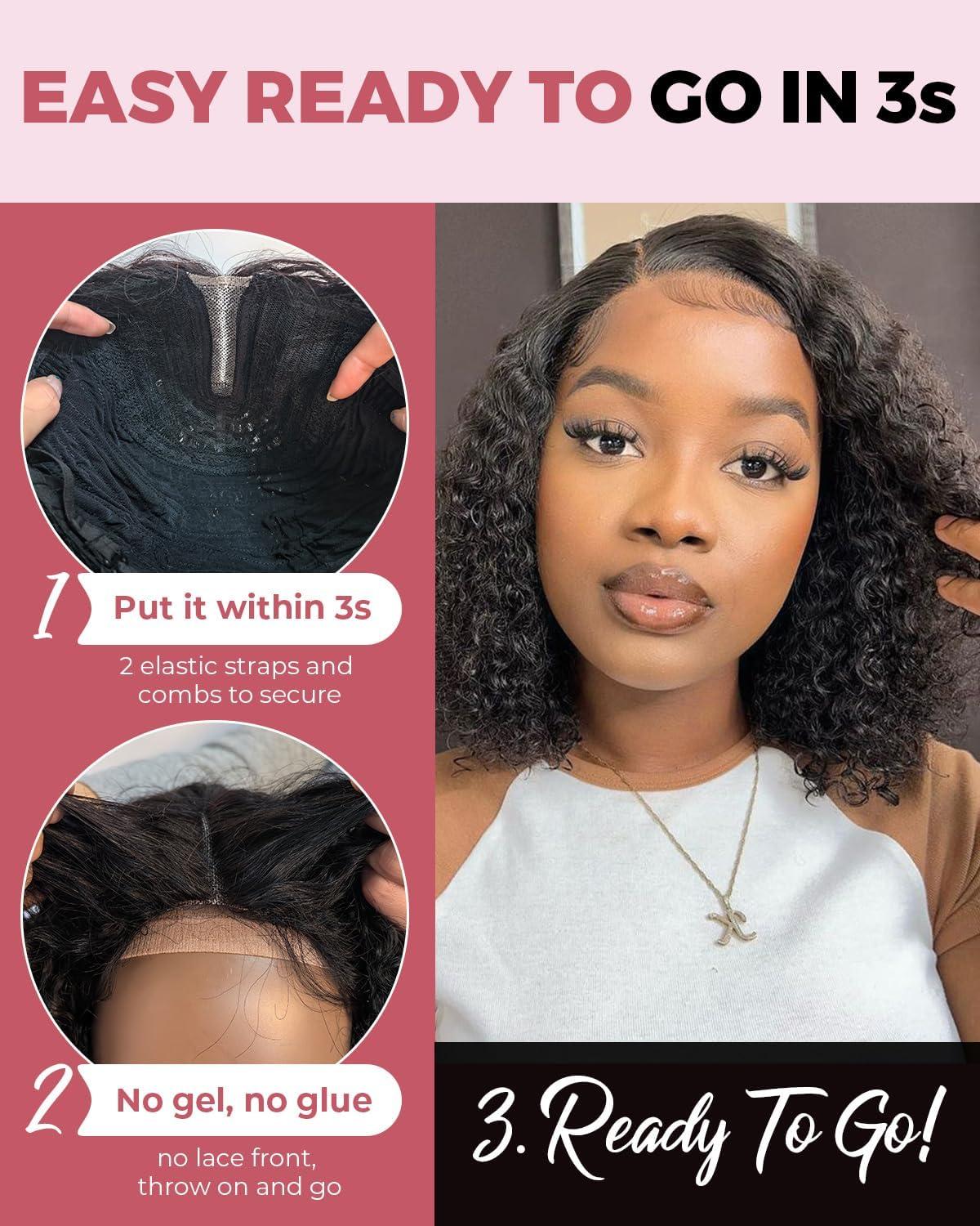 imageStyle Icon Perruque en cheveux humains courts et boucls porter sans colle Pour femme 254 cm Perruque bob boucle Sans dentelle TT227 partie moyenneMarron mlang partie latrale