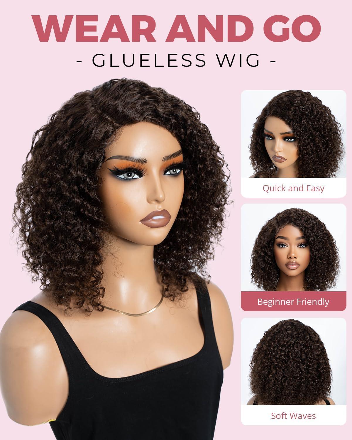 imageStyle Icon Perruque en cheveux humains courts et boucls porter sans colle Pour femme 254 cm Perruque bob boucle Sans dentelle TT227 partie moyenneMarron mlang partie latrale