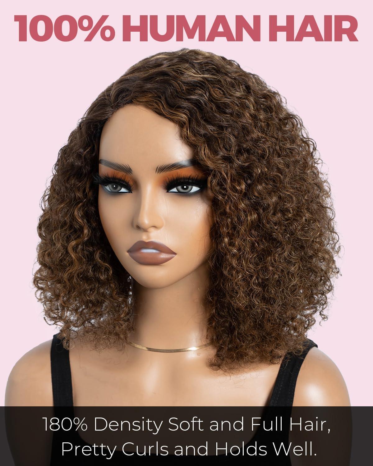 imageStyle Icon Perruque en cheveux humains courts et boucls porter sans colle Pour femme 254 cm Perruque bob boucle Sans dentelle TT227 partie moyenneMarron mlang partie latrale