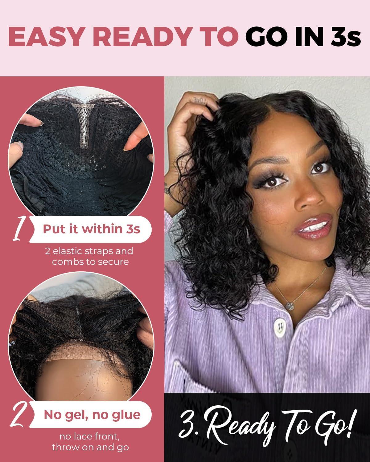 imageStyle Icon Perruque en cheveux humains courts et boucls porter sans colle Pour femme 254 cm Perruque bob boucle Sans dentelle TT227 partie moyenneNoir partie centrale