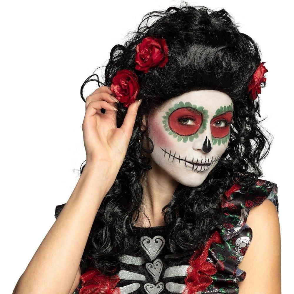 imageBoland 85606 Perruque Catrina cheveux longs synthtiques avec fleurs coiffure longue Dia de los Muertos coiffure costume carnaval fte thme HalloweenNoir