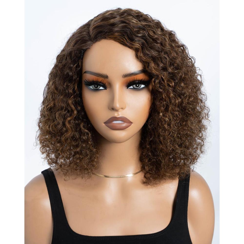 imageStyle Icon Perruque en cheveux humains courts et boucls porter sans colle Pour femme 254 cm Perruque bob boucle Sans dentelle TT227 partie moyenneMarron mlang partie latrale