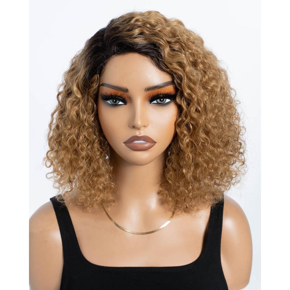 imageStyle Icon Perruque en cheveux humains courts et boucls   porter sans colle  Pour femme  254 cm  Perruque bob boucle  Sans dentelle  TT227 partie moyenneblond  partie latrale