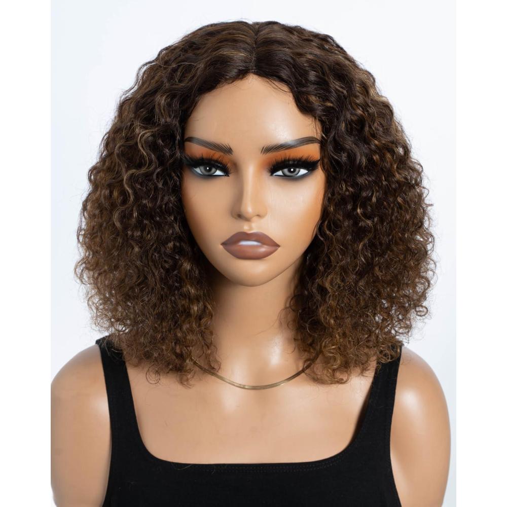 imageStyle Icon Perruque en cheveux humains courts et boucls   porter sans colle  Pour femme  254 cm  Perruque bob boucle  Sans dentelle  TT227 partie moyenneMarron mlang  partie centrale