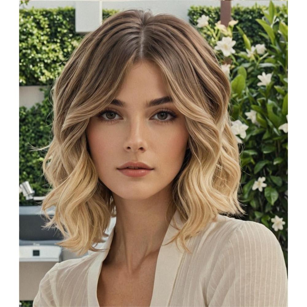 imageWOKESTAR Bob et perruque boucle avec frange perruque courte synthtique ondule pour femme couleur brune avec refletsBlond cendr
