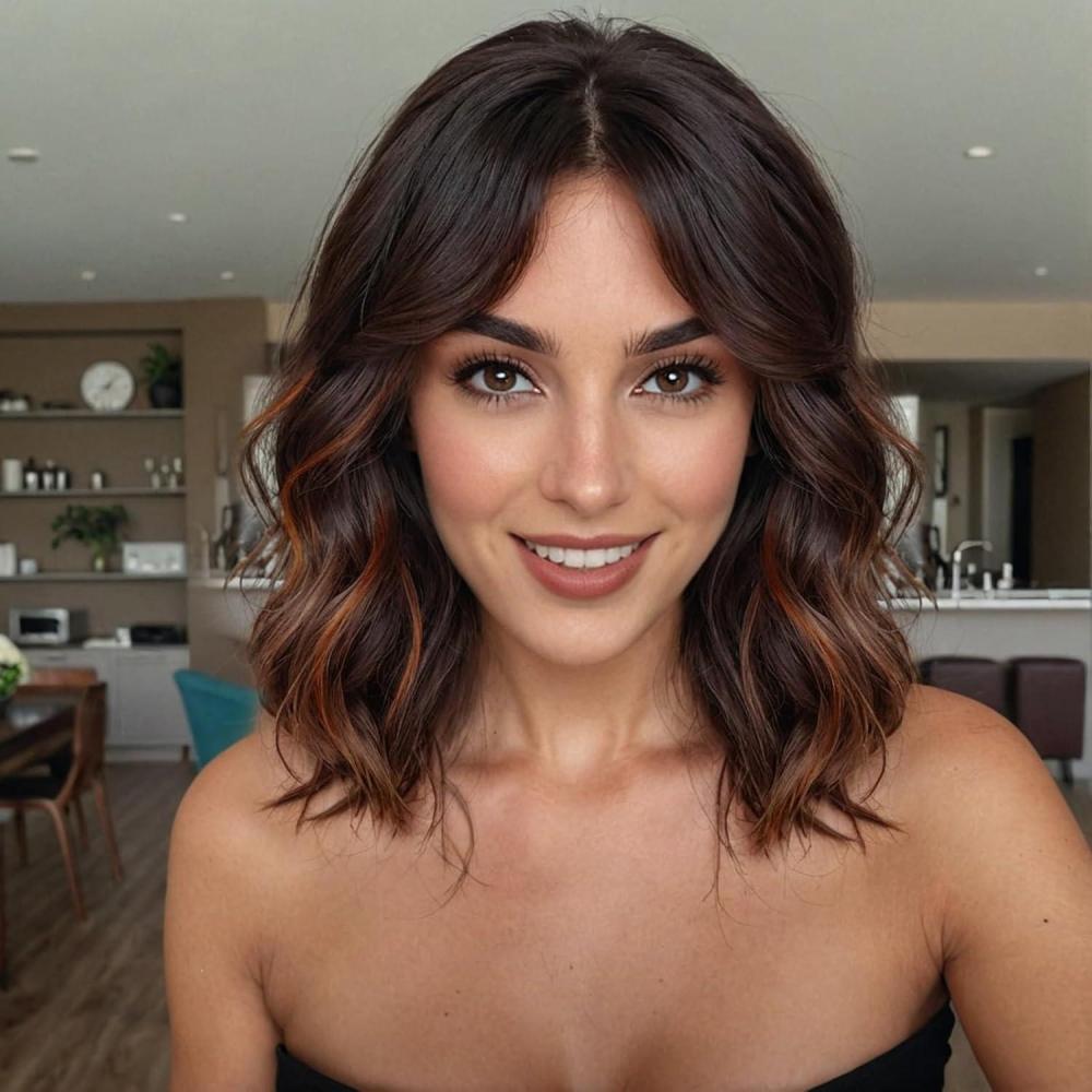 imageWOKESTAR Bob et perruque boucle avec frange perruque courte synthtique ondule pour femme couleur brune avec refletsBrun avec reflets