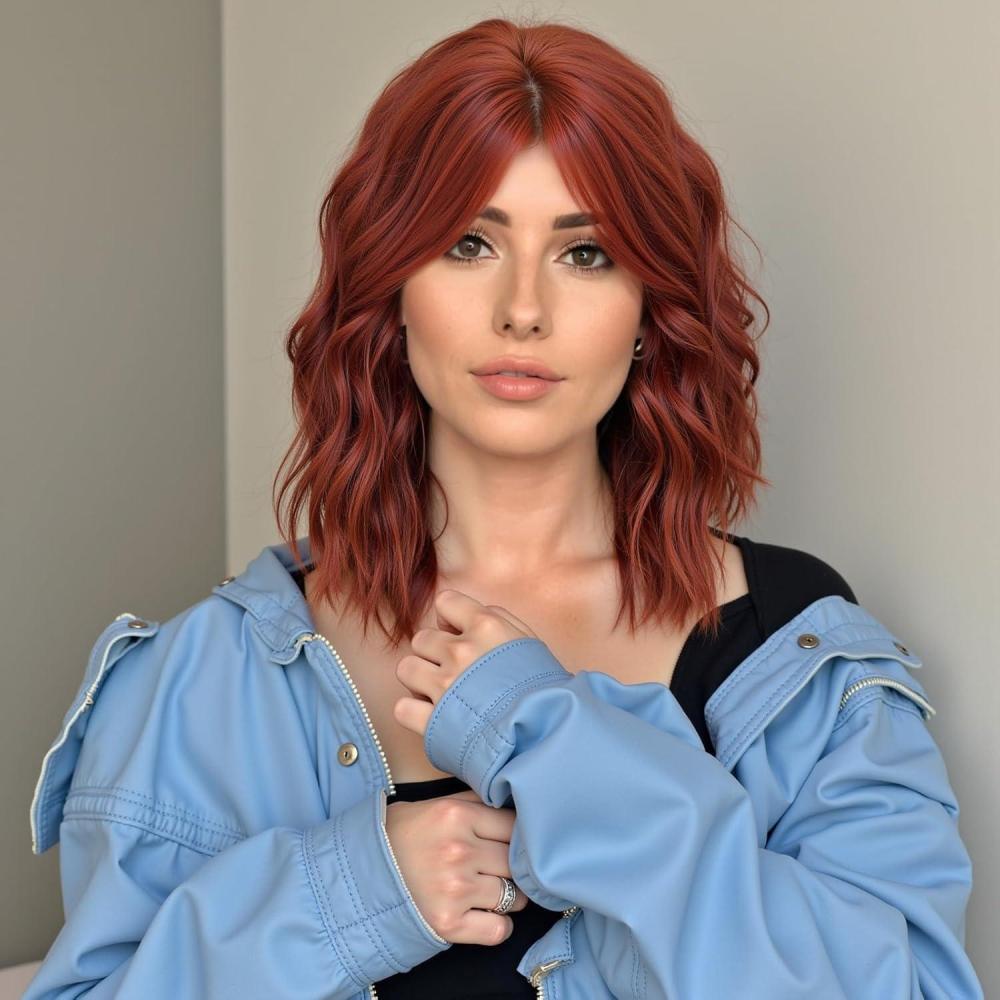 imageWOKESTAR Bob et perruque boucle avec frange perruque courte synthtique ondule pour femme couleur brune avec refletsCuivre