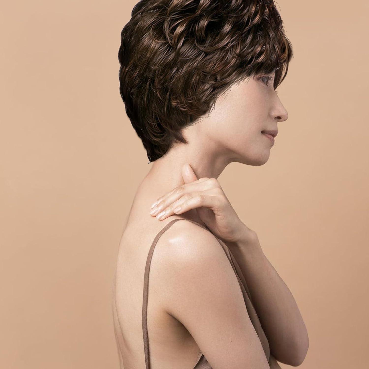 imagePerruque Courte Femme Boucle avec Frange Longue Plate Couvre Cheveux Confortable pour Fte et Cosplay Style Naturel Noir et Marron