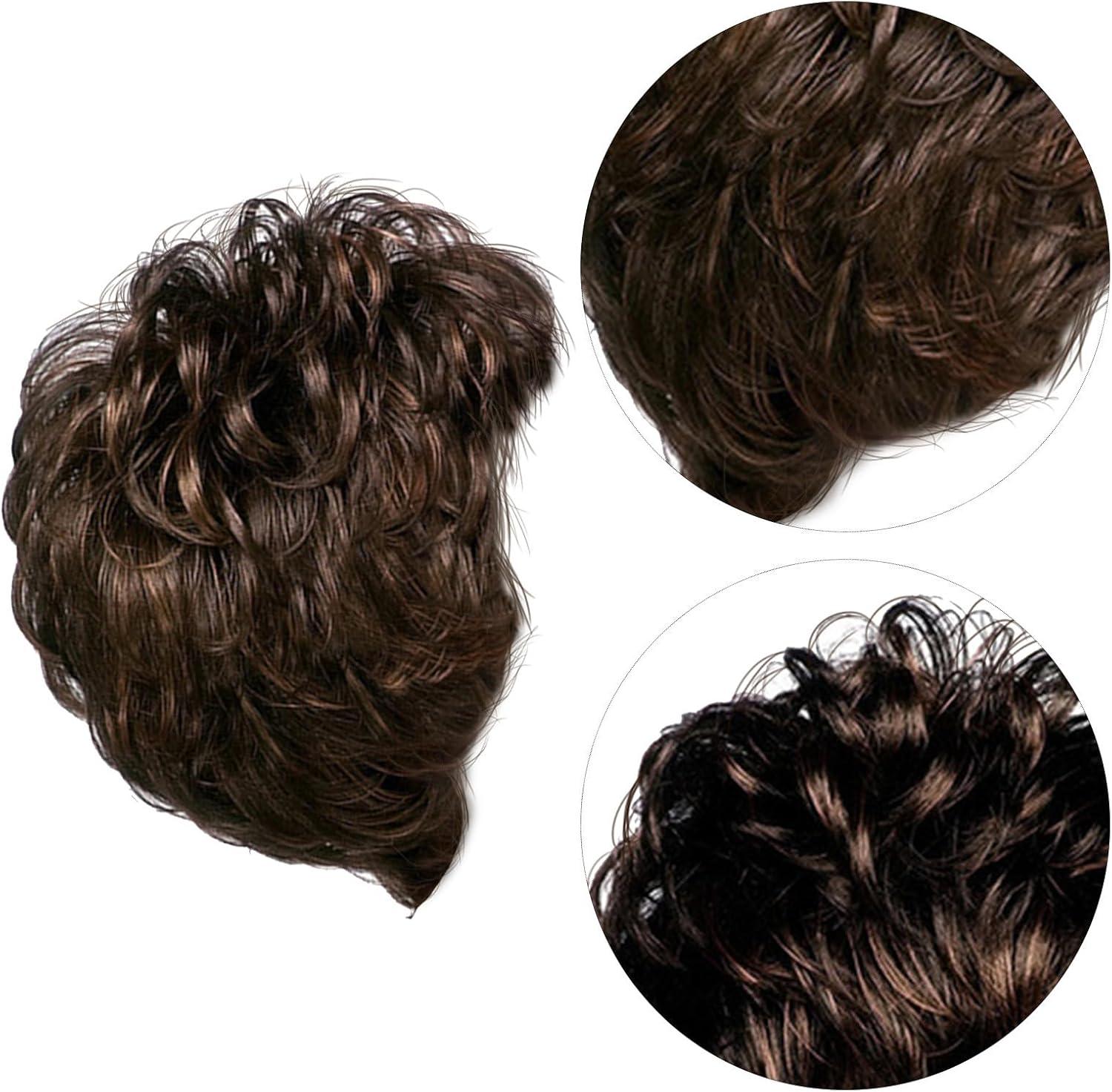 imagePerruque Courte Femme Boucle avec Frange Longue Plate Couvre Cheveux Confortable pour Fte et Cosplay Style Naturel Noir et Marron