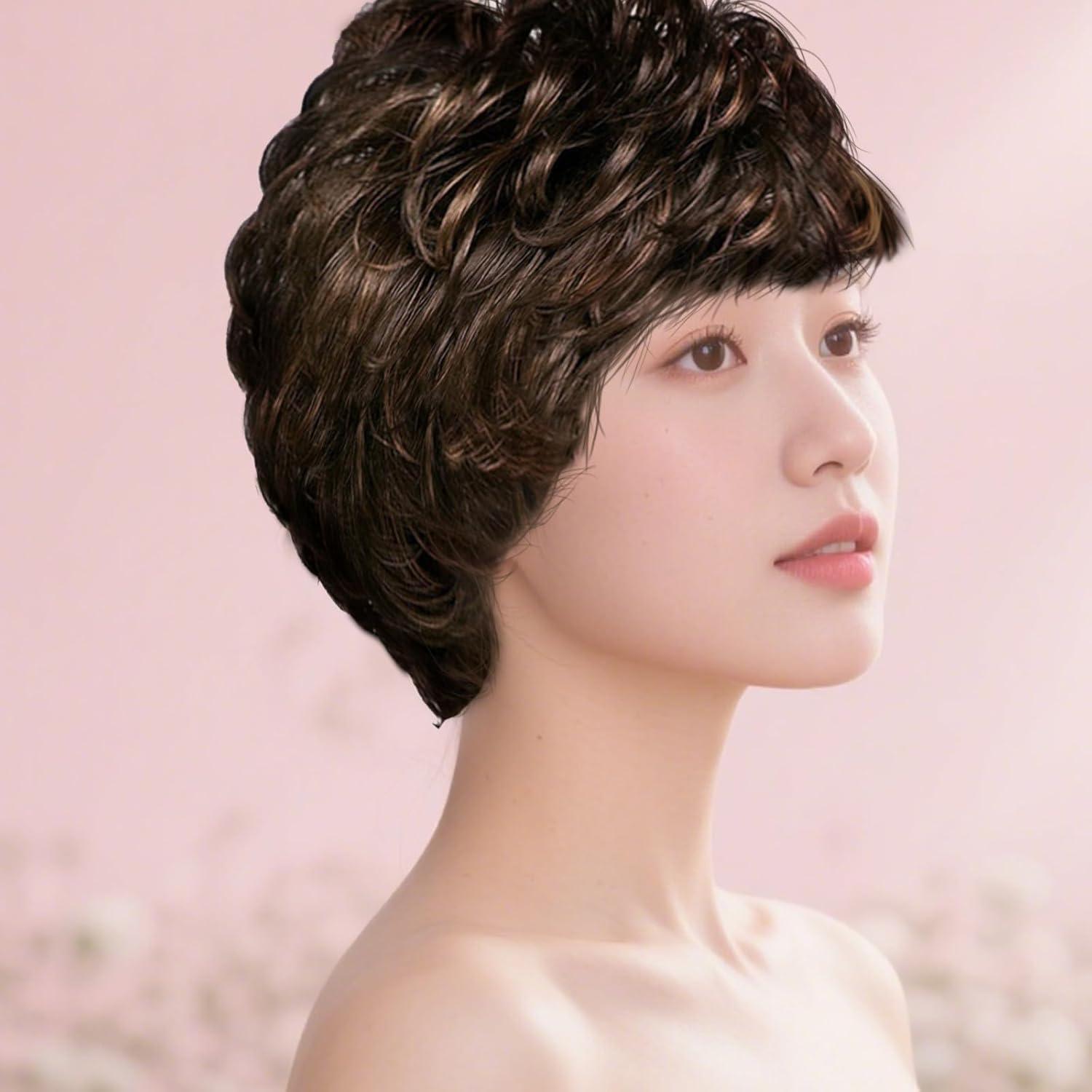 imagePerruque Courte Femme Boucle avec Frange Longue Plate Couvre Cheveux Confortable pour Fte et Cosplay Style Naturel Noir et Marron