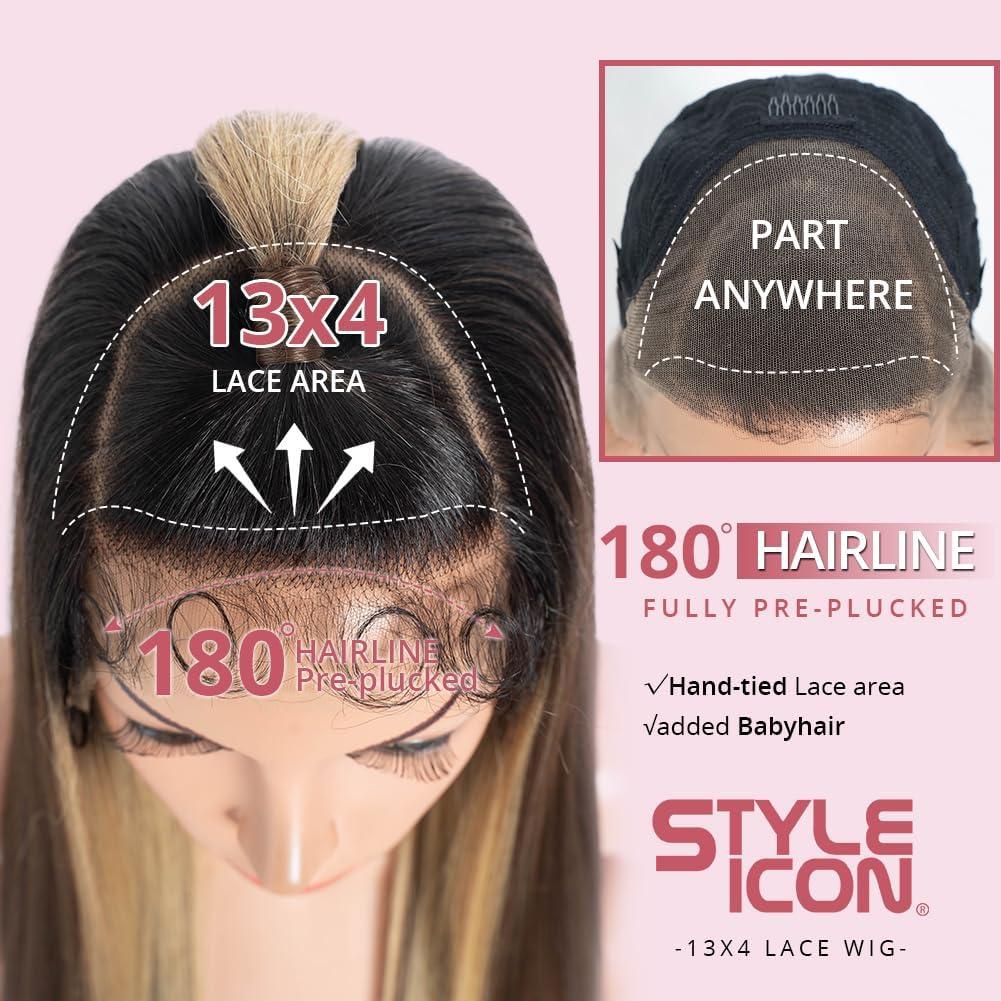 imageStyle Icon Perruque de 90 cm super longue droite en dentelle synthtique pour femme densit 150 TT630WMarron avec frange blonde