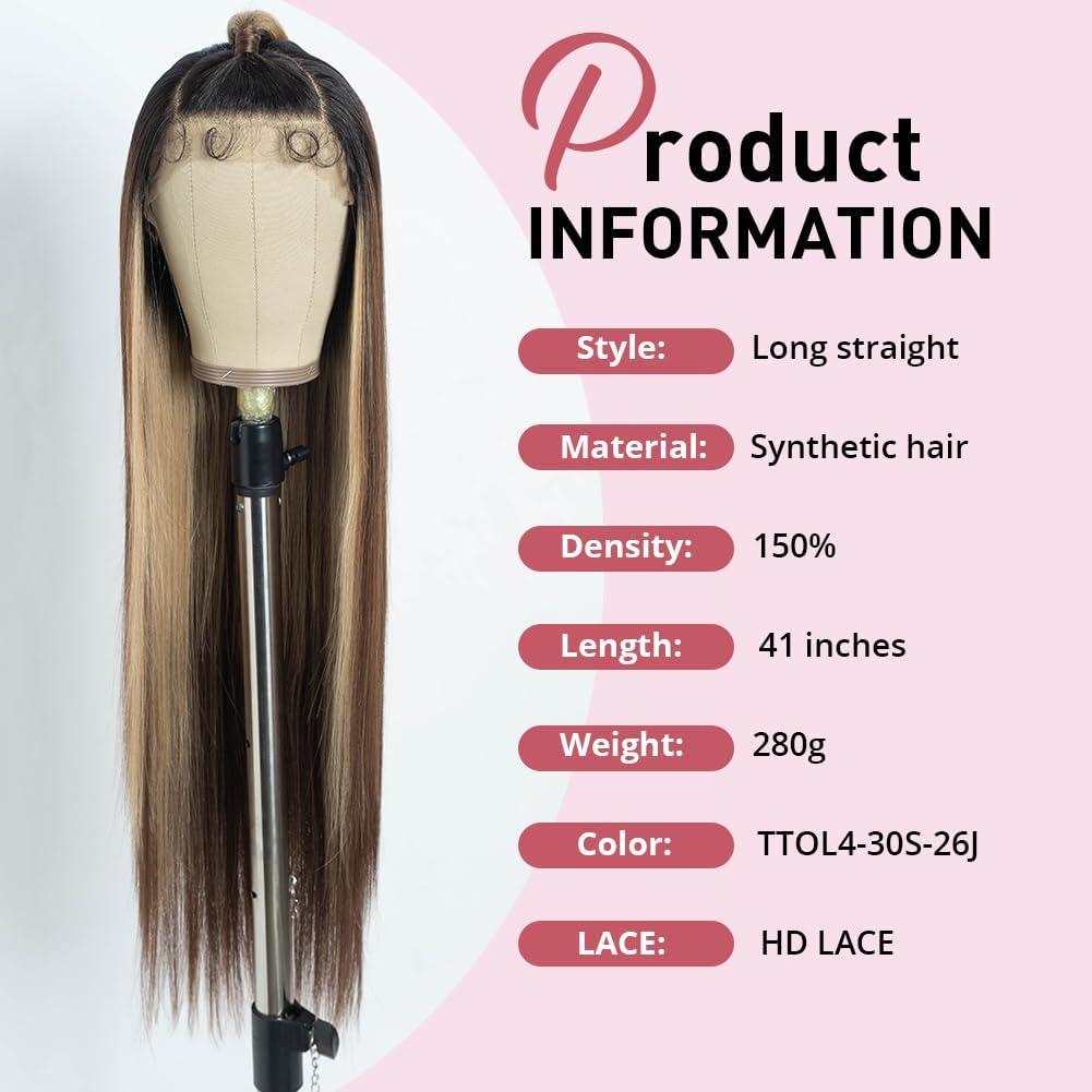imageStyle Icon Perruque de 90 cm super longue droite en dentelle synthtique pour femme densit 150 TT630WMarron avec frange blonde