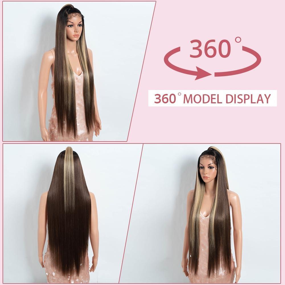 imageStyle Icon Perruque de 90 cm super longue droite en dentelle synthtique pour femme densit 150 TT630WMarron avec frange blonde