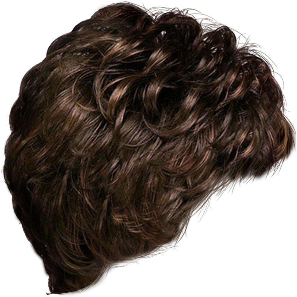 imagePerruque Courte Femme Boucle avec Frange Longue Plate Couvre Cheveux Confortable pour Fte et Cosplay Style Naturel Noir et Marron
