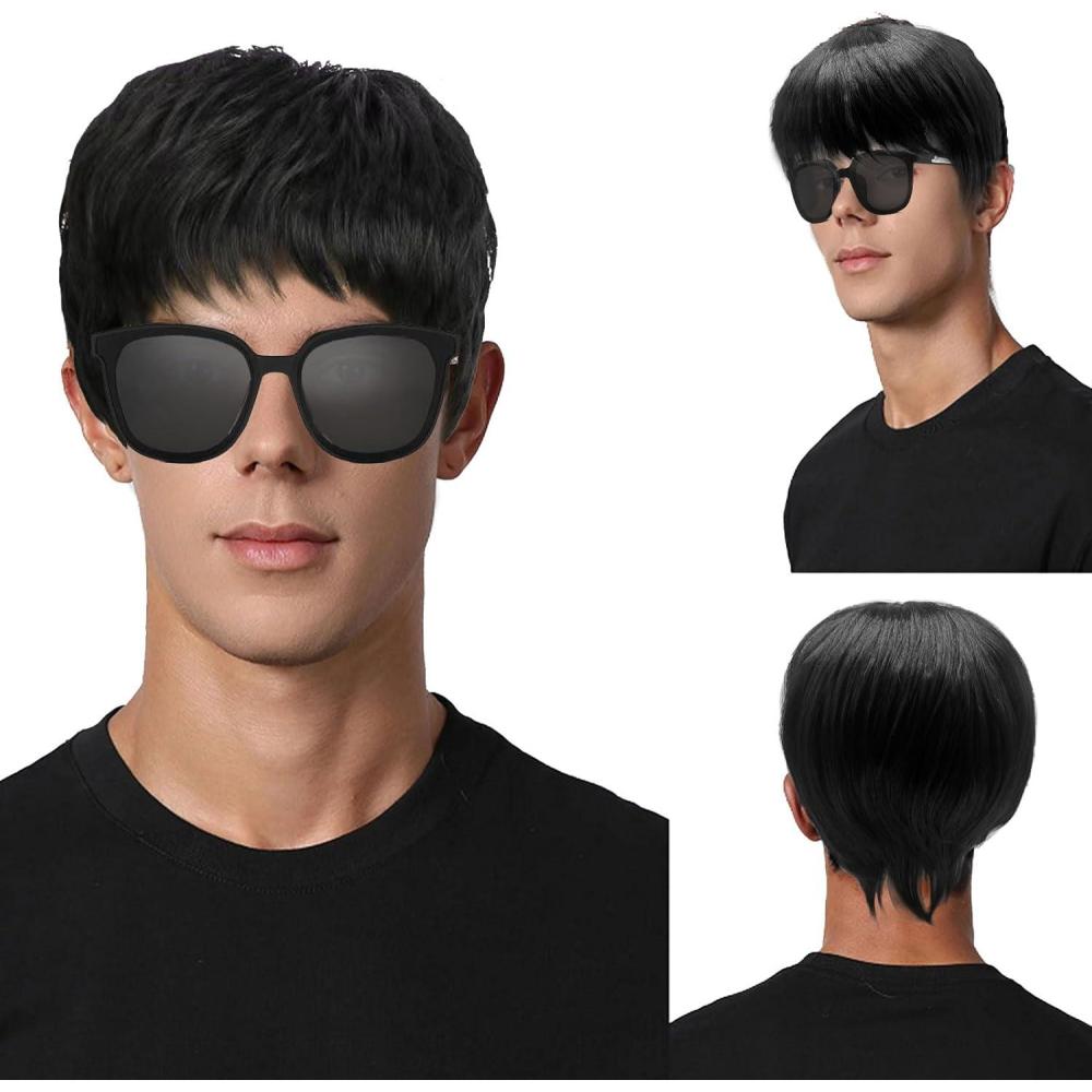 imagePerruque courte noire pour homme Cheveux synthtiques naturels dgrads Style disco des annes 70 et 80 Perruque de costume punk bascule en mtal noirNoir