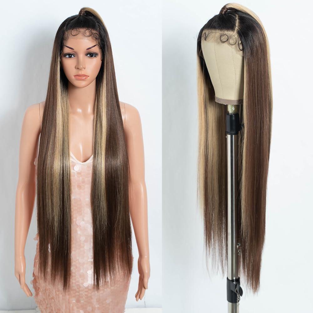 imageStyle Icon Perruque de 90 cm super longue droite en dentelle synthtique pour femme densit 150 TT630WMarron avec frange blonde